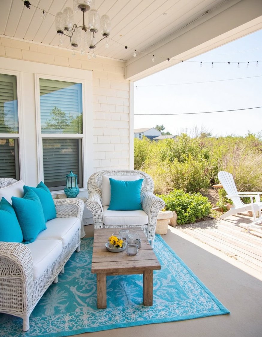 beach hosue patio ideas - Coastal Beach House Patio: White Wicker & Blue Hues - Coastal patio perfection! White wicker furniture and bright...