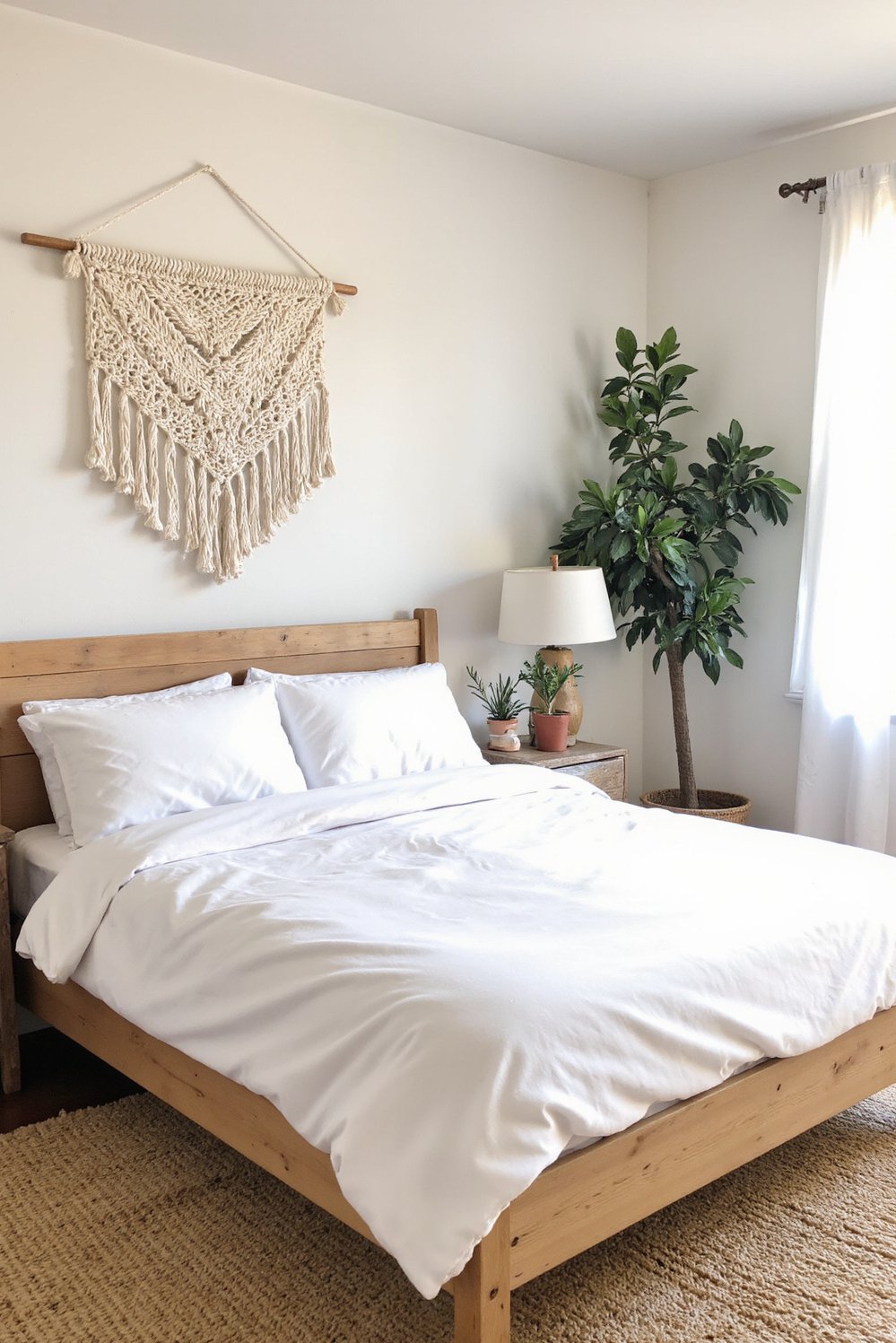 Tips for minimalist bedroom decoration - Bohemian Minimalist Bedroom: Natural Textures & White Bedding - Achieve a bohemian minimalist bedroom. This space blends...