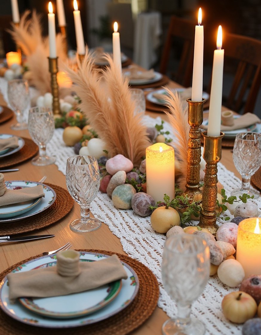Dinner party tablescape - Bohemian Dinner Party Tablescape with Crystal Centerpiece - Bohemian tablescape: Mismatched vintage plates and a macrame...