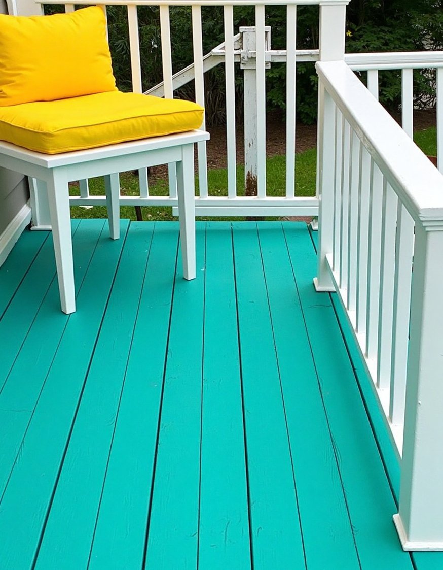 Front porch paint ideas - Vibrant Teal Painted Wood Deck & Yellow Cushions - This vibrant teal porch is amazing! Deep teal...