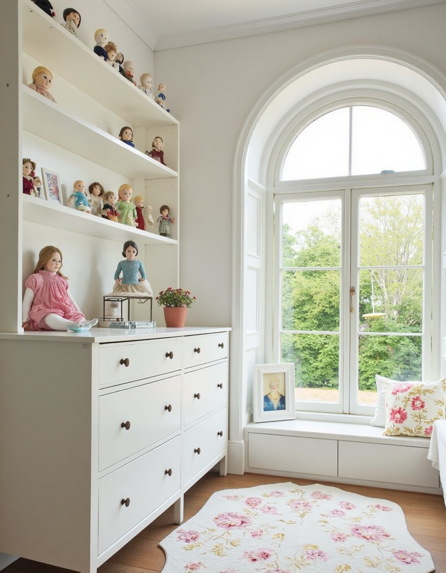 Cutecore room ideas - Bright White Room with Porcelain Dolls & Garden View - Cutecore bedroom ideas for a bright space! White...