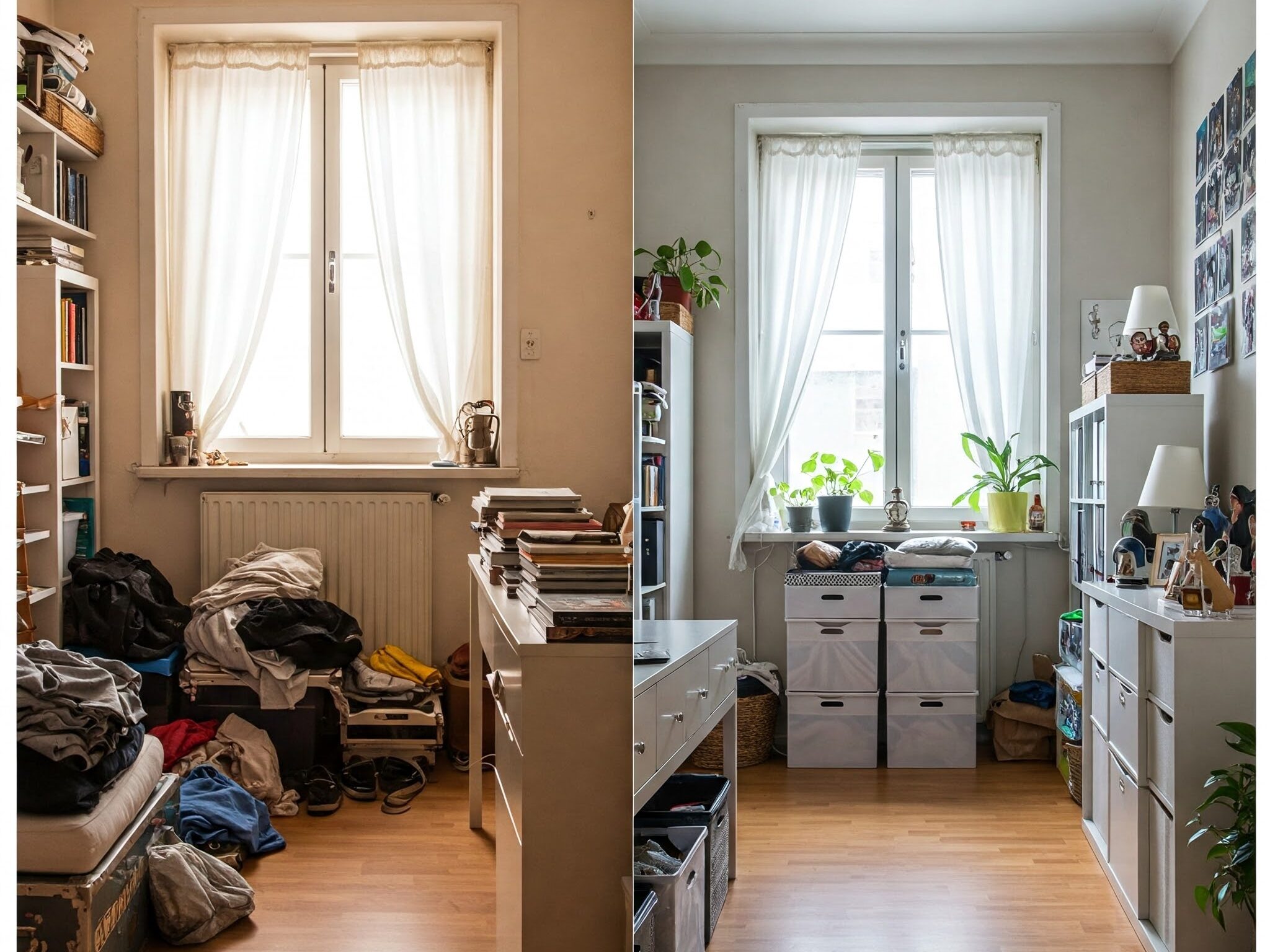 Comparison of a cluttered space and a clean, organized space