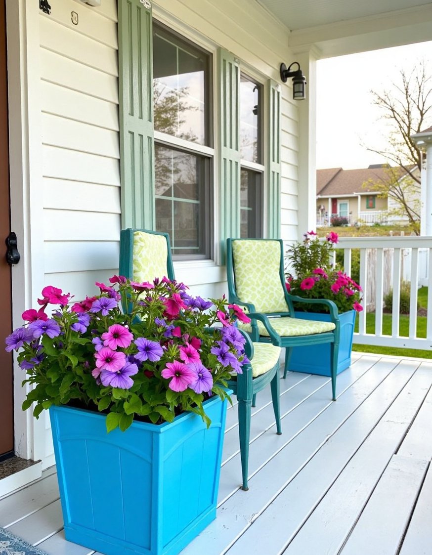 Front porch paint ideas - Charming White Painted Porch & Blue Flower Boxes - Front porch paint ideas: I love this classic...