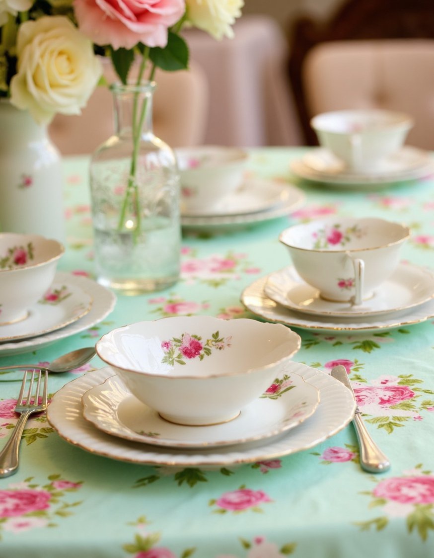 Dinner party tablescape - Vintage 1950s Dinner Party Tablescape with Floral Print - Charming vintage dinner party tablescape. Pastel floral tablecloth...