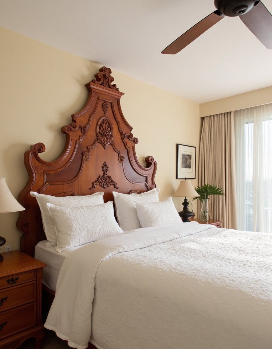 cherry bedroom ideas - Intricate Cherry Wood Headboard: Minimalist Red Bedroom - Create a cherry bedroom with a statement headboard....