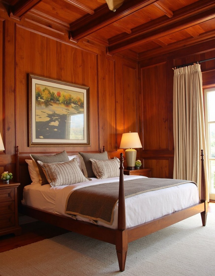 cherry bedroom ideas - Cherry Wood Paneling: Rich Textured Red Bedroom - This cherry bedroom features a gorgeous wood-paneled accent...