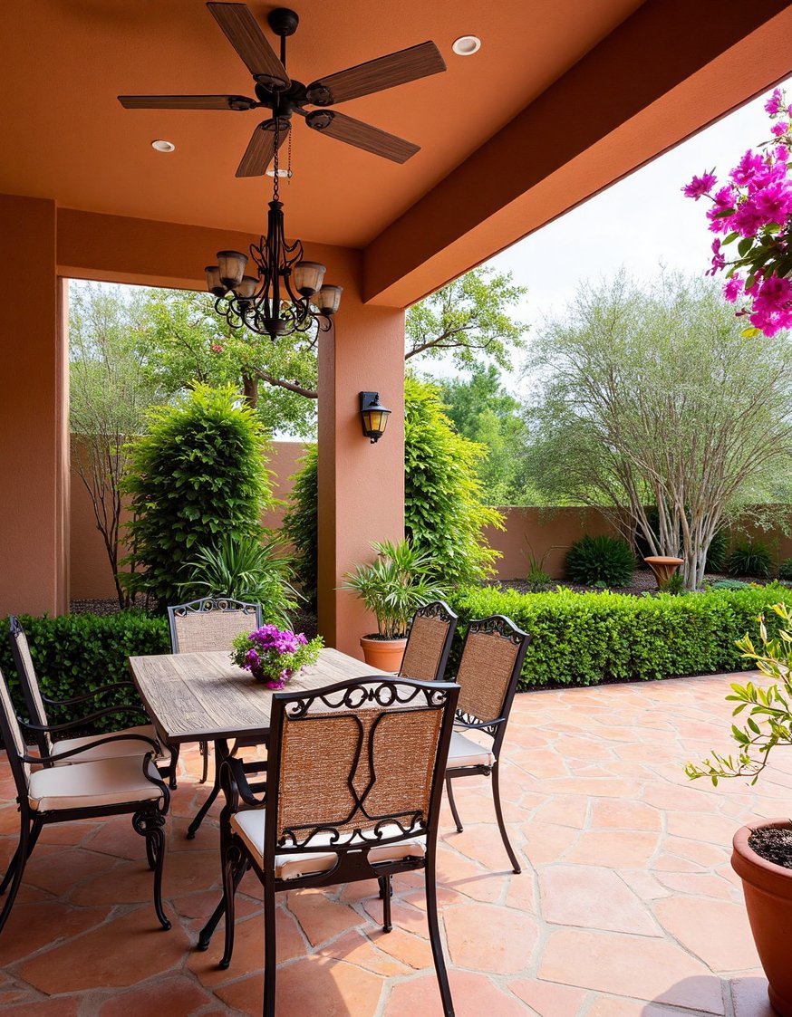 beach hosue patio ideas - Coastal Patio: Terracotta, Wrought Iron, Bougainvillea - Create a relaxing Mediterranean patio. Terracotta tiles and...