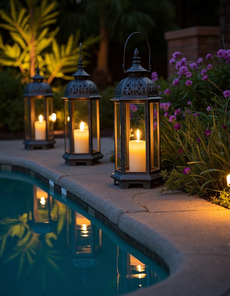 garden decor lights ideas - Antique Lanterns & Reflecting Pool: Backyard Lighting Ideas - Enchantment awaits! Antique-style lanterns around a reflecting pool...