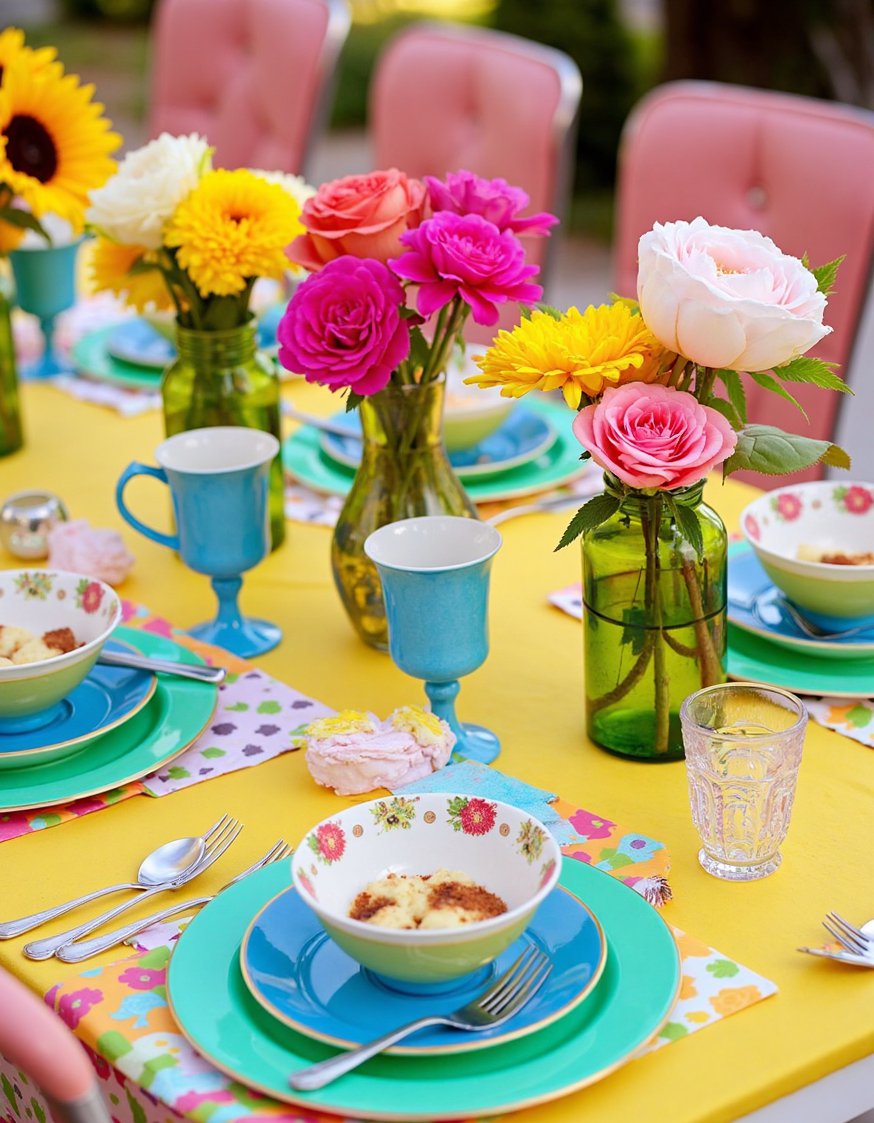 Dinner party tablescape - Vibrant Mismatched Dinner Party Tablescape: 21 Diner Style - Fun and vibrant party tablescape! Mix-and-match patterned plates...