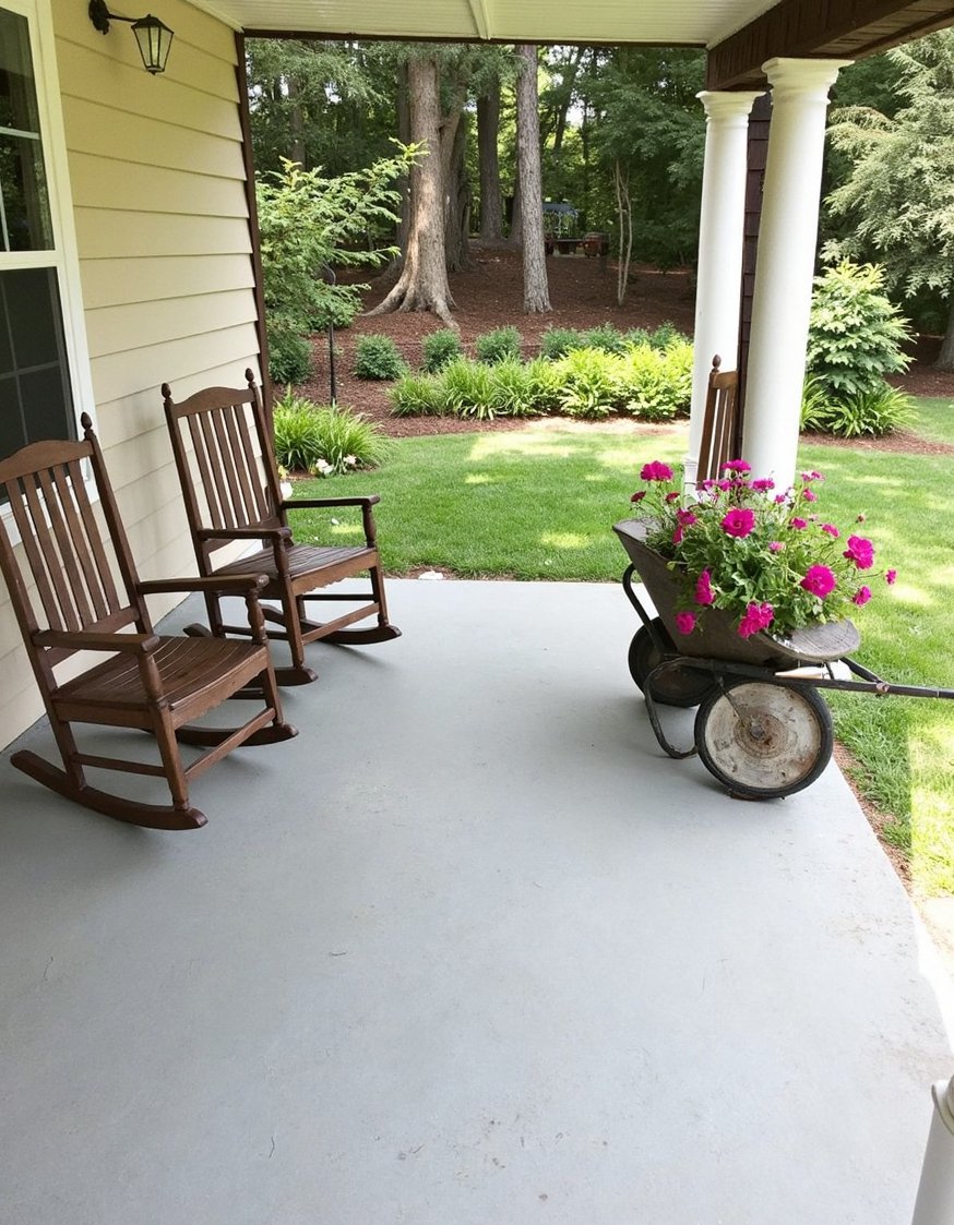 Front porch paint ideas - Light Grey Concrete Patio: Charming Country Style - Light grey concrete stain creates a charming country-style...