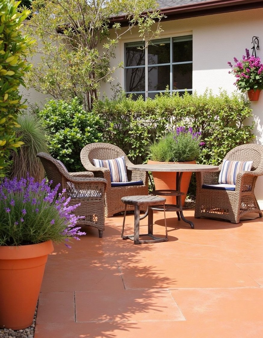 Front porch paint ideas - Terracotta Concrete Patio: Mediterranean Style Makeover - This Mediterranean-style patio is pure relaxation. The terracotta-colored...