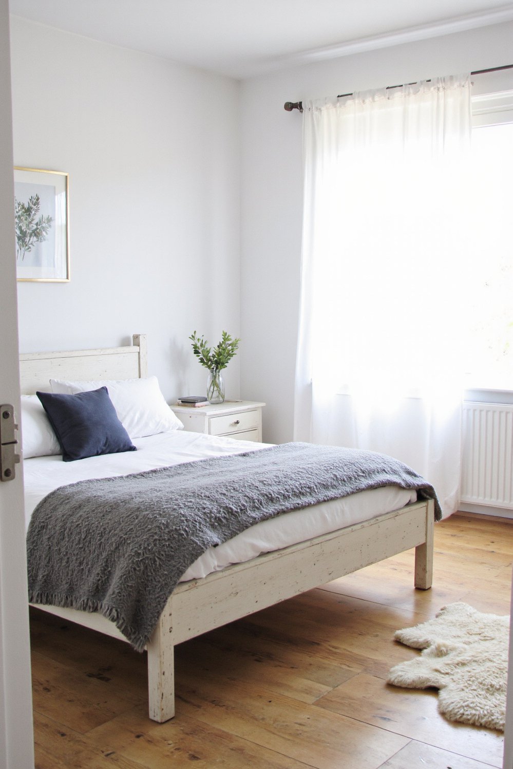 Scandinavian bedroom ideas - Cozy Scandinavian Bedroom: Whitewashed Wood & Sheepskin - Cozy Scandinavian bedroom ideas: A whitewashed wood bed...