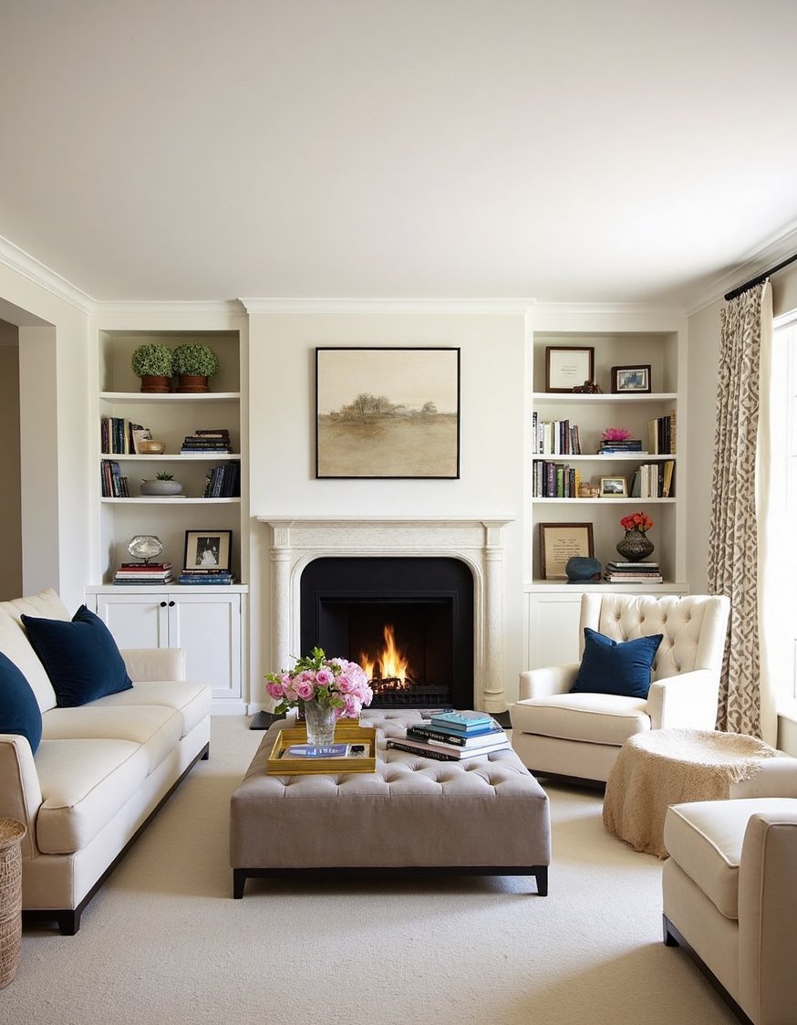 transitional living room ideas - Cozy Transitional Living Room with Fireplace & Bookshelves - This cozy living room centers around a beautiful...