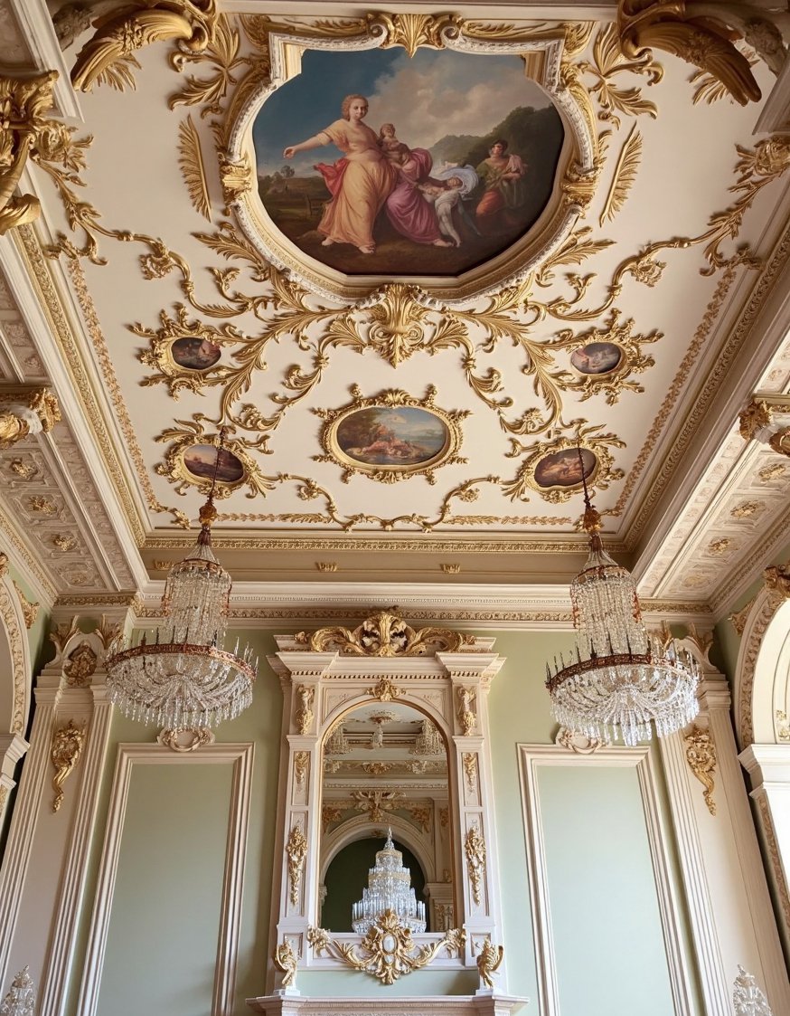 Rococo design - Intricate Rococo Ceiling: Plasterwork & Frescoes - Rococo ceiling details: intricate plasterwork and frescoes. The...