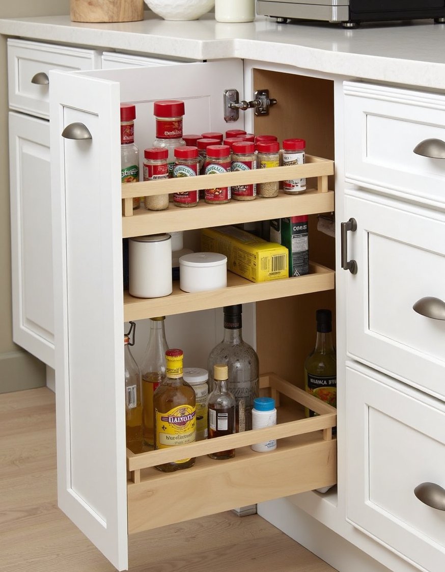 Kitchen cabinet organizers ideas - Organized Small Kitchen: Clever Corner Cabinet Solutions - This overhead shot shows my corner cabinet makeover!...