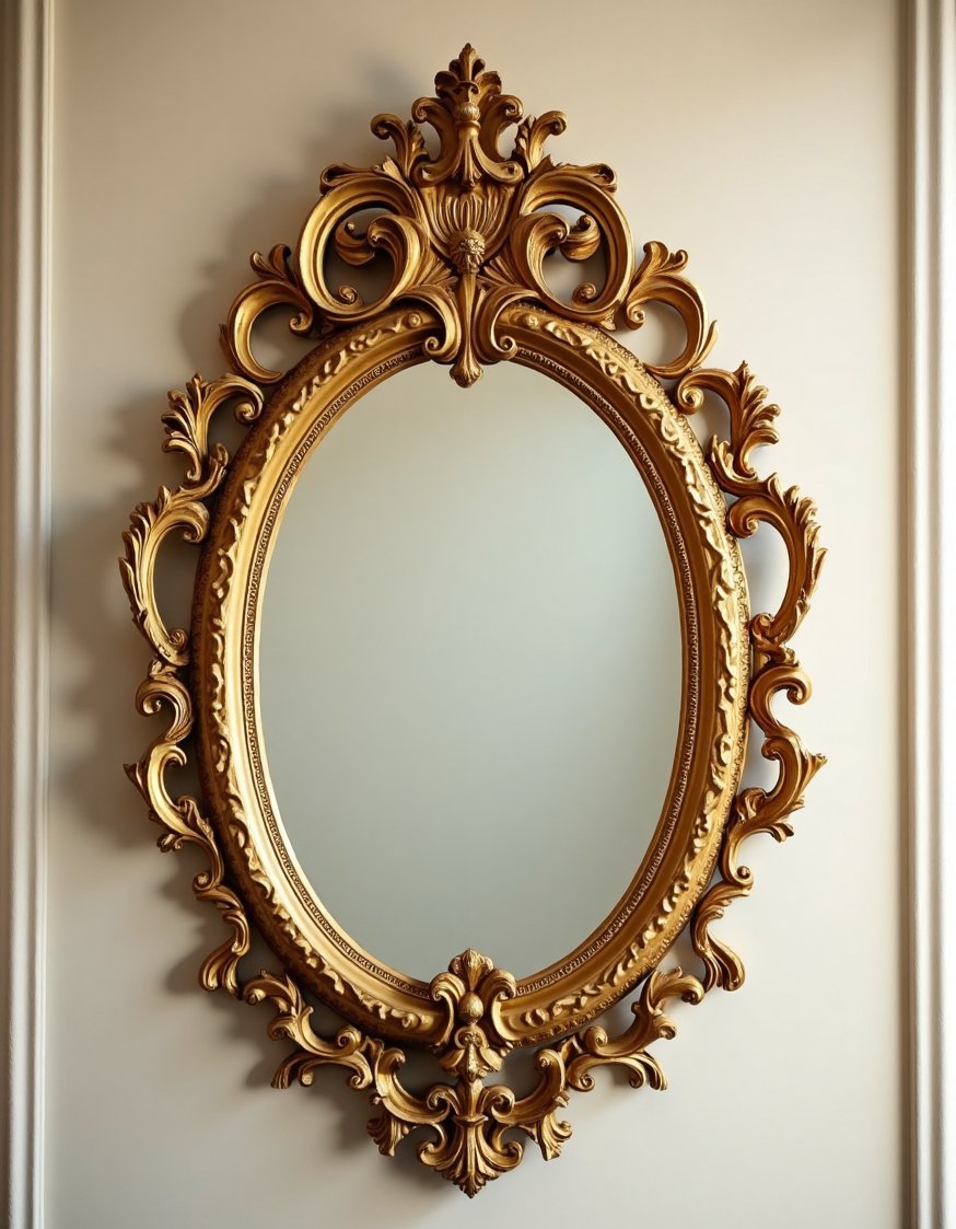 Rococo design - Ornate Rococo Mirror: Gilded Intricacy - This digital illustration showcases a stunning Rococo mirror....