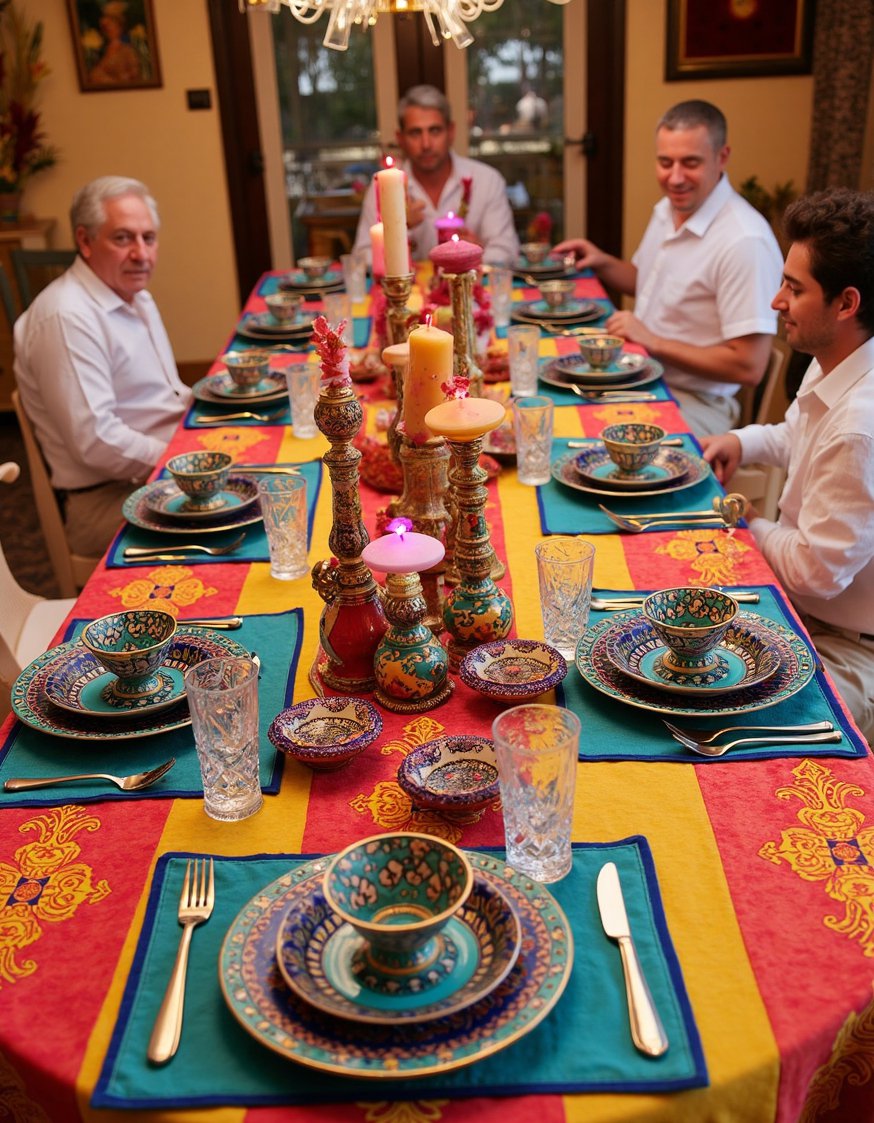 Dinner party tablescape - Moroccan Dinner Party: Low Tables & Colorful Textiles - Bring the magic of Morocco to your dinner...