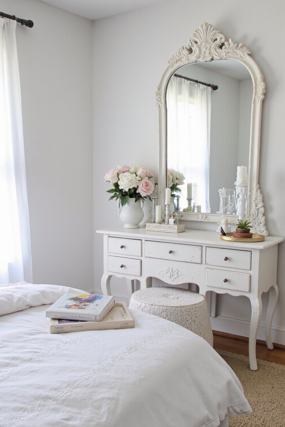 White bedroom decor ideas - Dreamy White Bedroom with Vintage Vanity - Create a dreamy white bedroom with vintage charm....