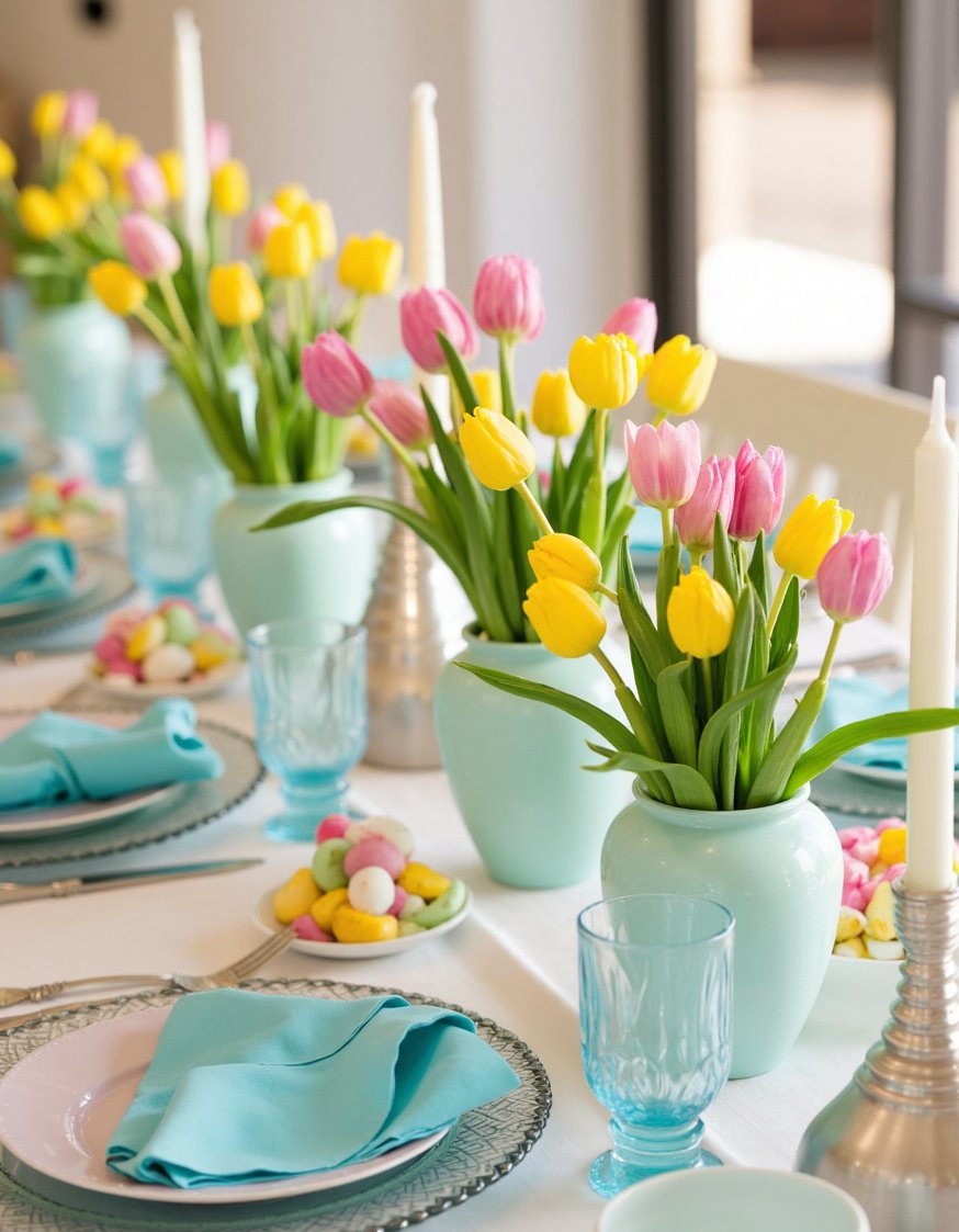 Dinner party tablescape - Pastel Easter Dinner Party Tablescape - Pastel Easter dinner table setting. Spring blooms in...