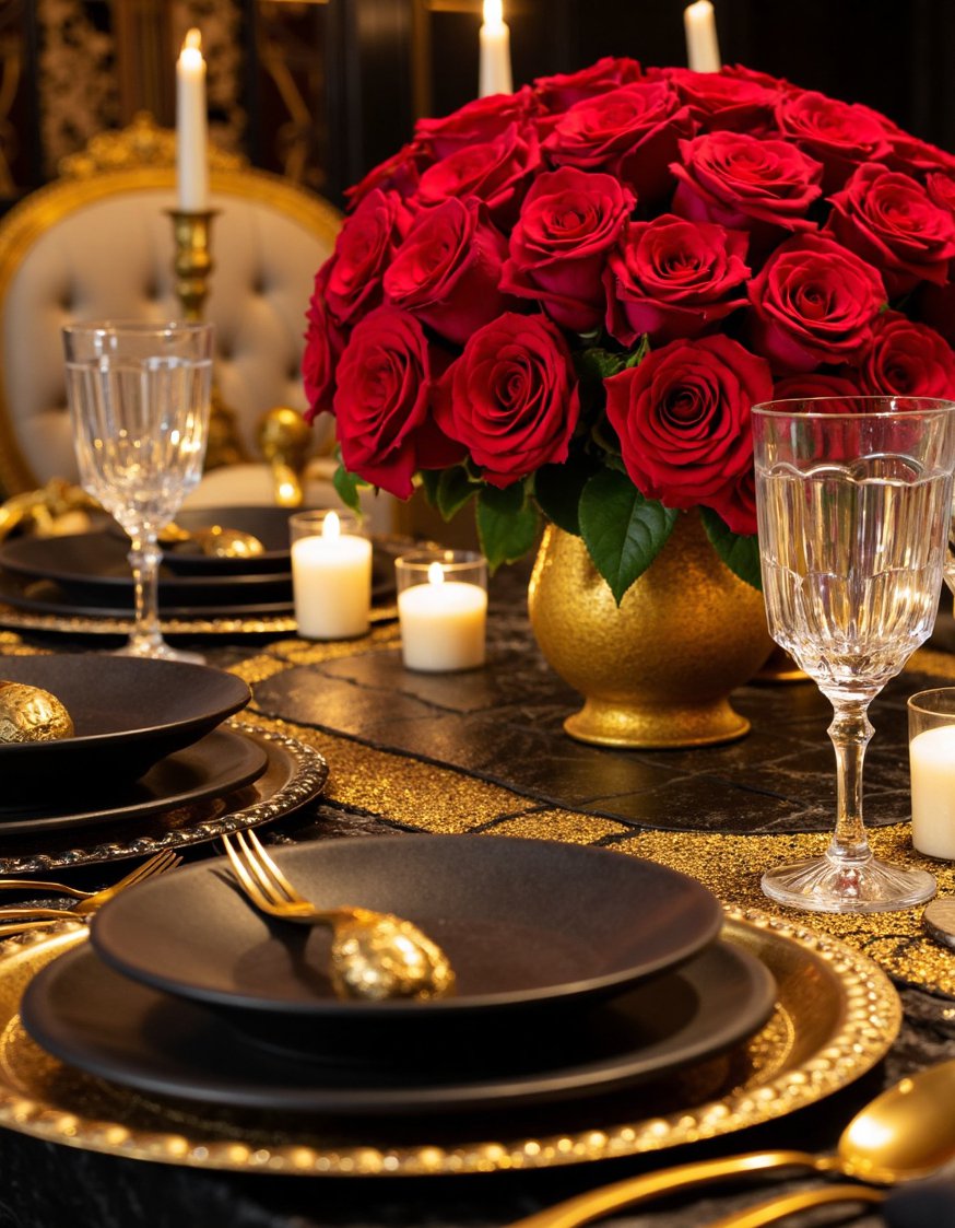Dinner party tablescape - Glamorous Hollywood Dinner Party Table Setting - Glamorous Hollywood-themed dinner party: Gold and black create...