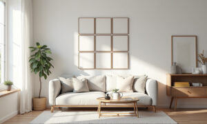 a white couch in a room with a coffee table and plant