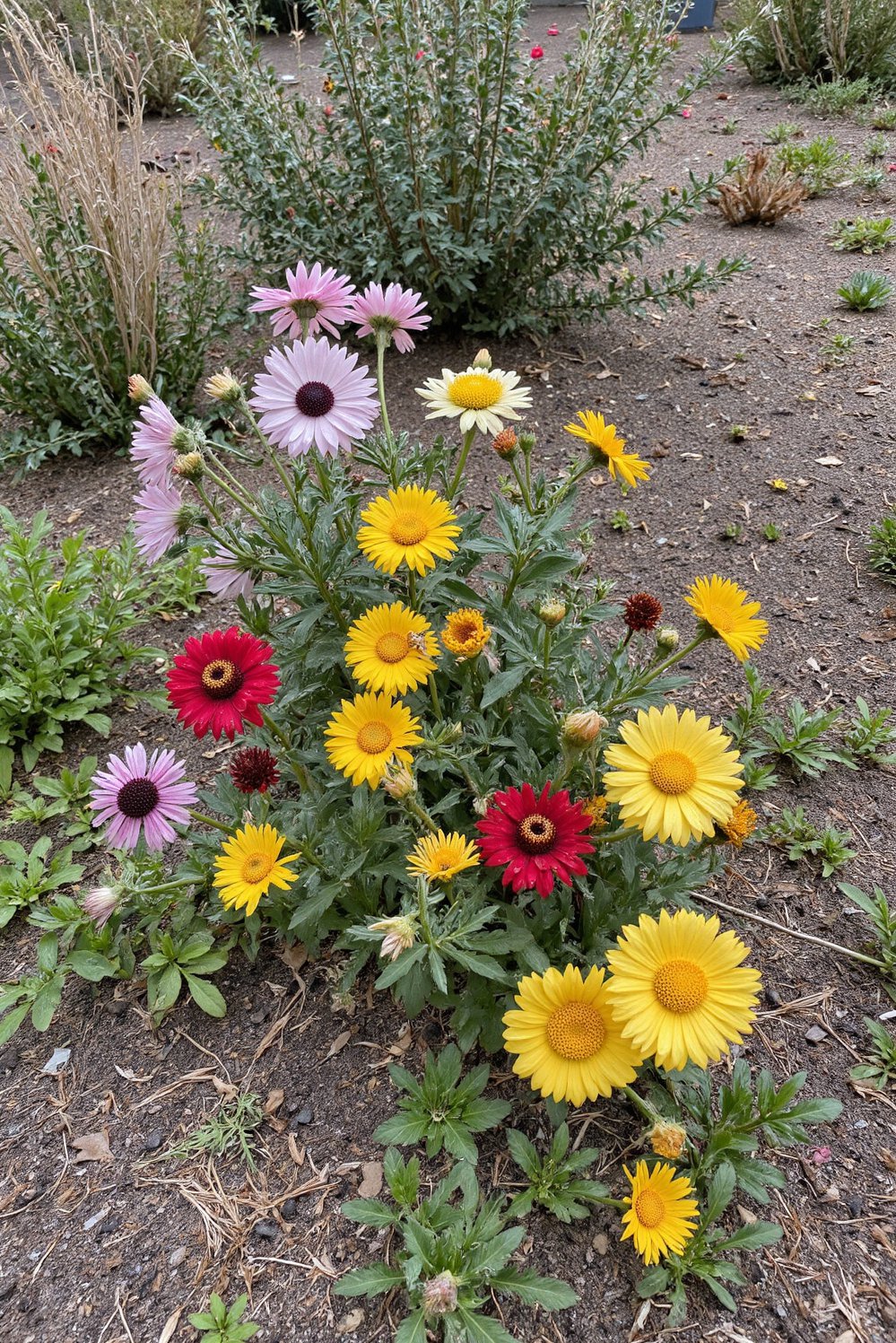 chaos gardening ideas - Self-Seeded Chaos: A Vibrant Garden Haven - This impressionistic image shows a neglected garden corner...