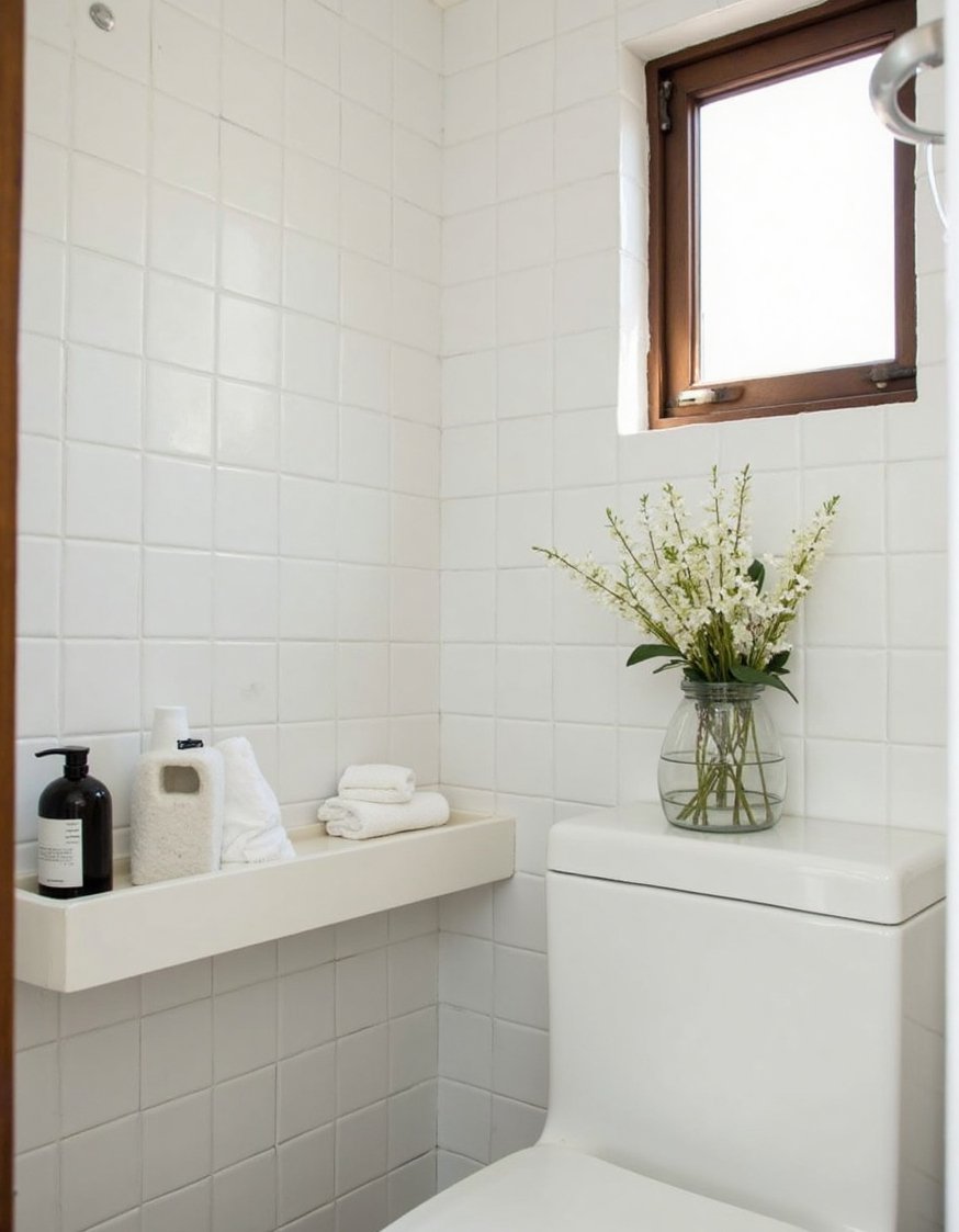 Minimalist bathroom ideas - Japandi Small Bathroom: Floating Shelf Design - This Japandi-inspired bathroom is small but perfectly formed....