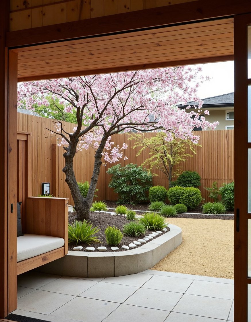 Japanese garden ideas - Modern Japanese Garden: Secluded Sitting Area & Cherry Tree - This Japanese garden blends modern and traditional styles....