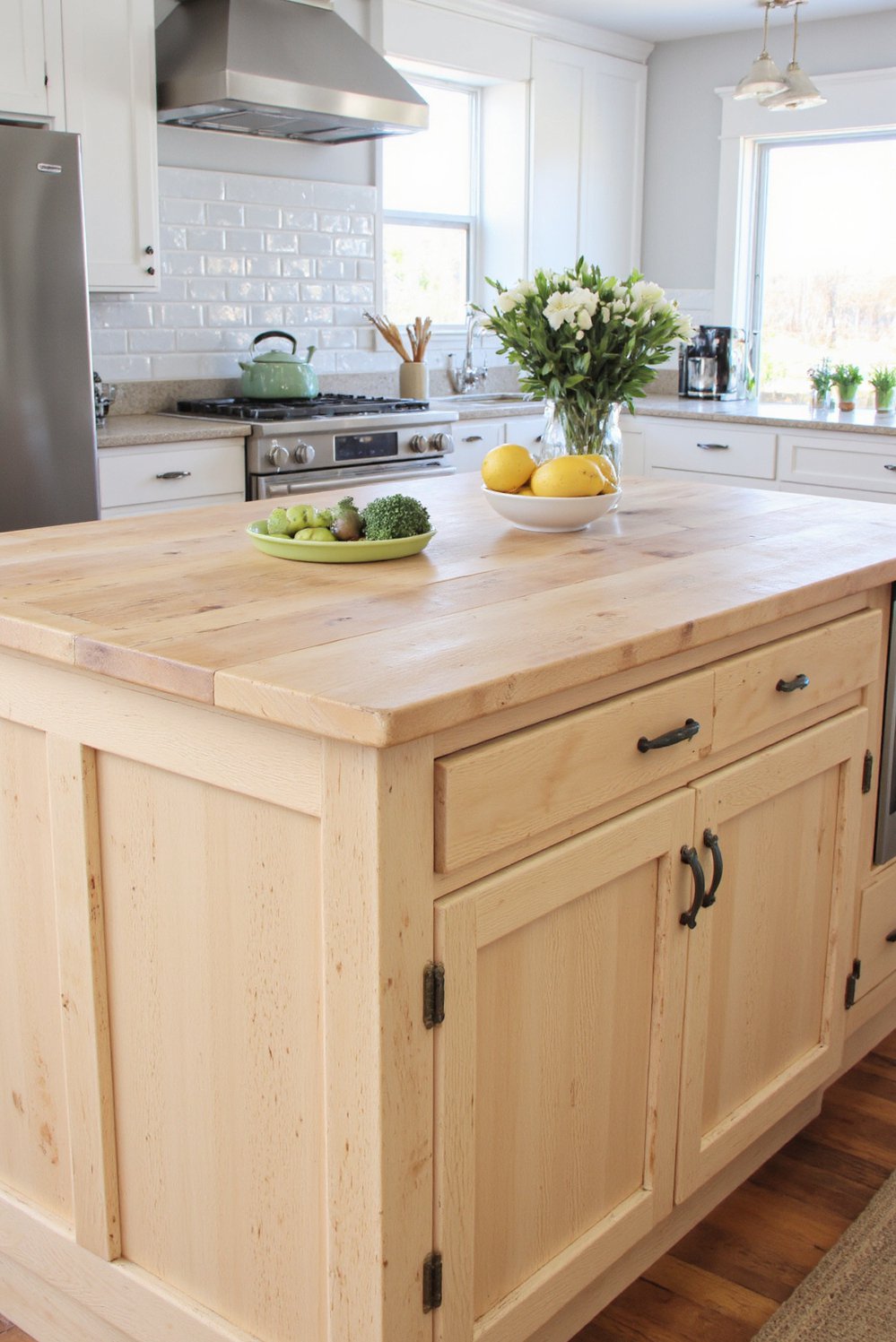 Wood kitchen island ideas - Modern Farmhouse Kitchen Island: Polished Light Wood - This modern farmhouse kitchen island is sleek and...