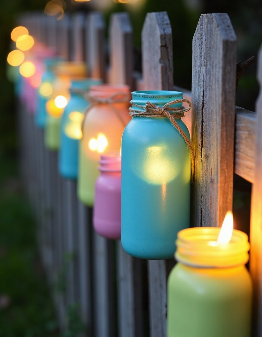 garden decor lights ideas - Charming Backyard Lighting: DIY Mason Jar Patio Lights - Charming DIY outdoor lighting! Pastel-painted mason jars with...
