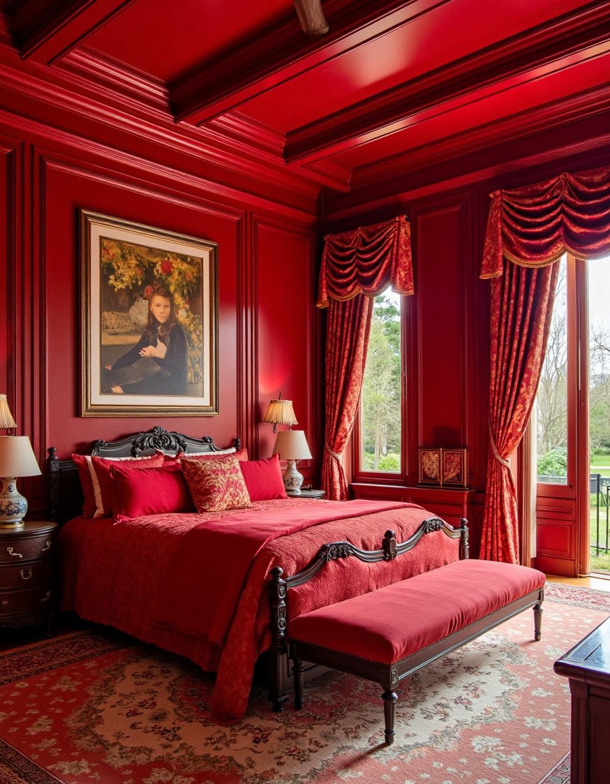 cherry bedroom ideas - Maximalist Cherry Wood Bedroom with Bold Red Accents - This maximalist cherry bedroom is stunning! Rich cherry...