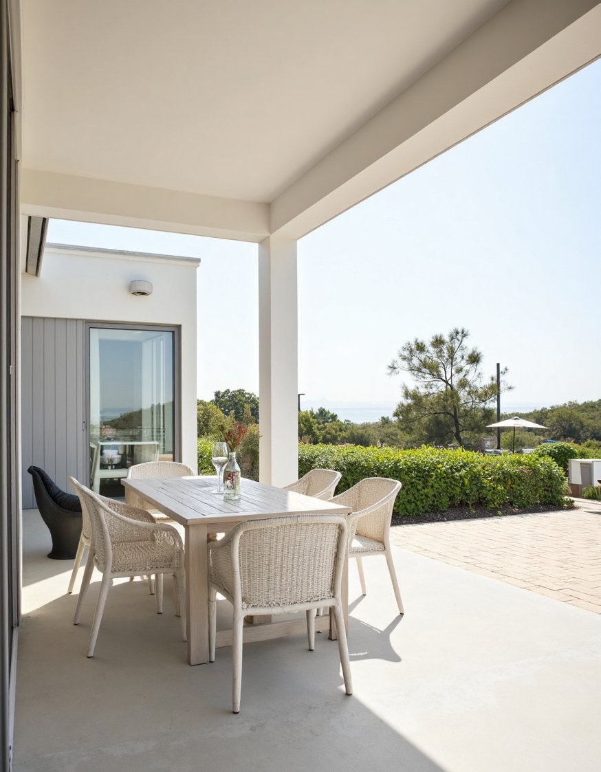 beach hosue patio ideas - Coastal Patio: Minimalist Design with Neutral Colors - Coastal patio design: Clean lines and a neutral...
