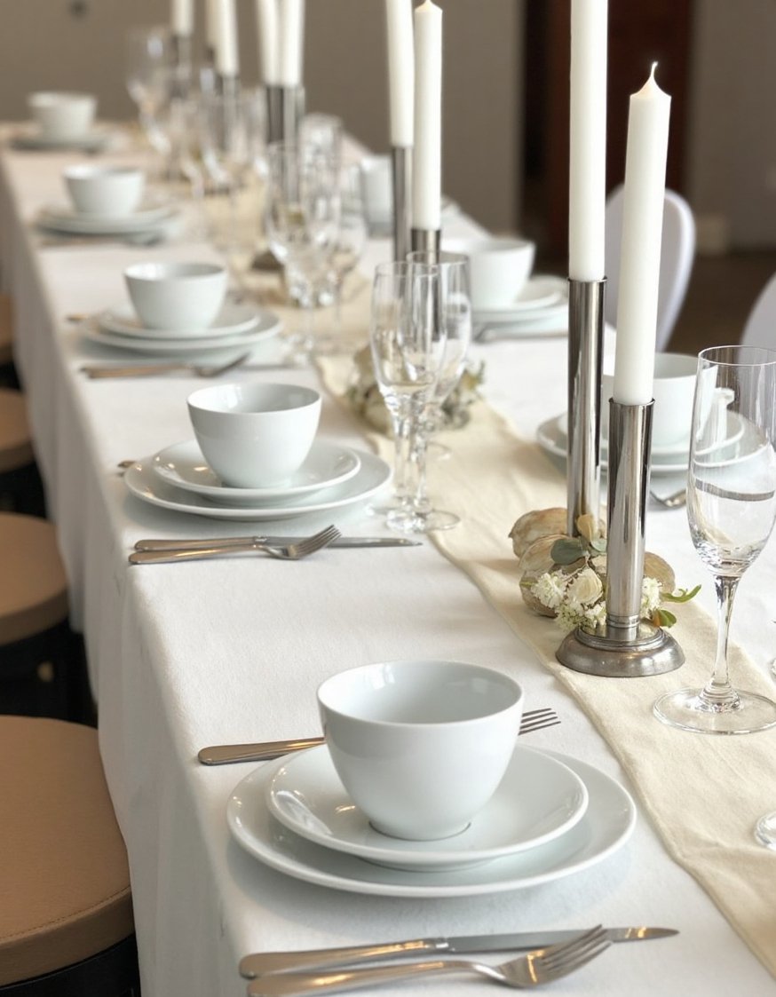 Dinner party tablescape - Modern Minimalist Dinner Party Tablescape with Taper Candles - Modern minimalist tablescape for eight. Sleek white china...
