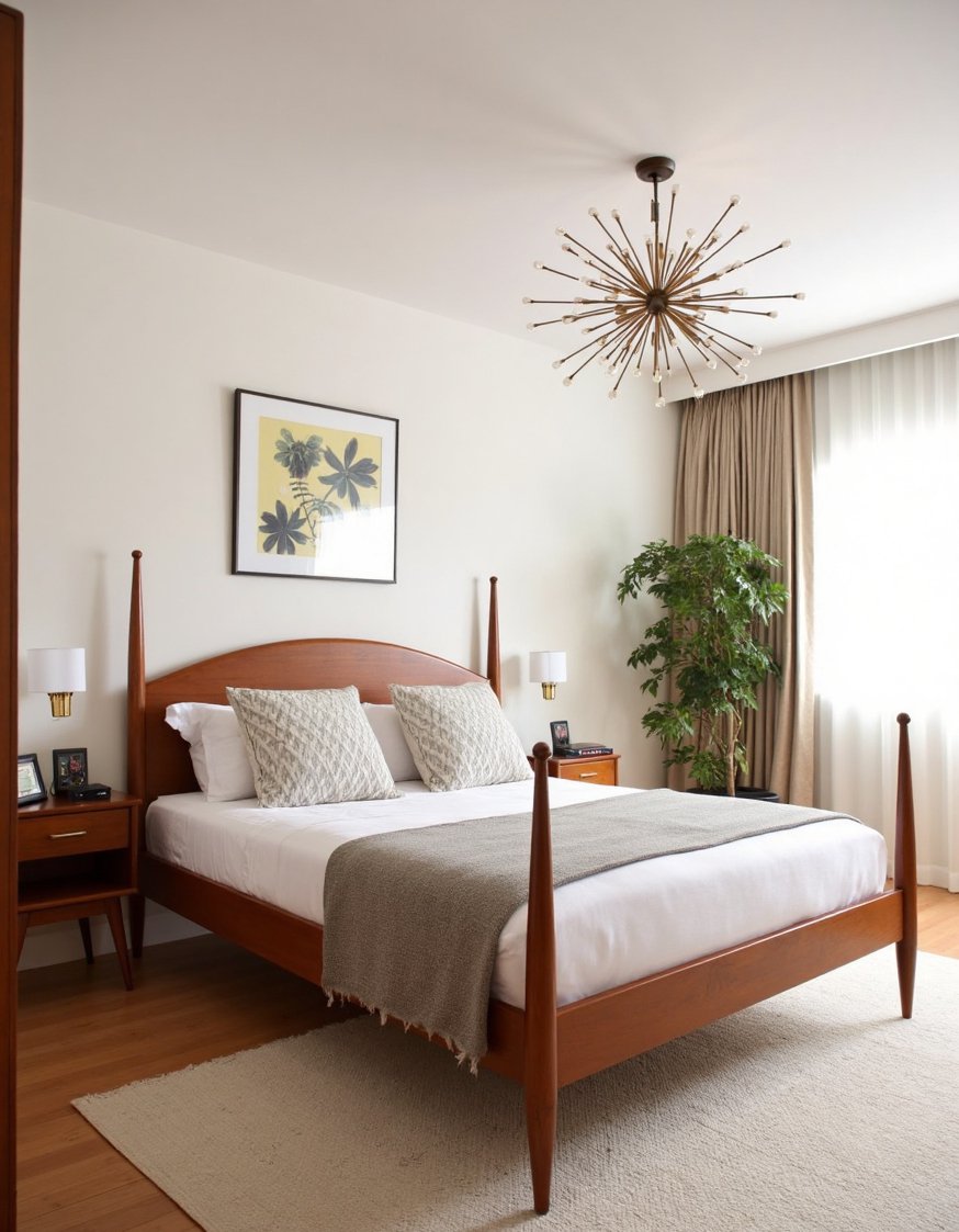cherry bedroom ideas - Sleek Cherry Wood Bedroom with Sputnik Chandelier - Create a cherry bedroom with mid-century modern style....