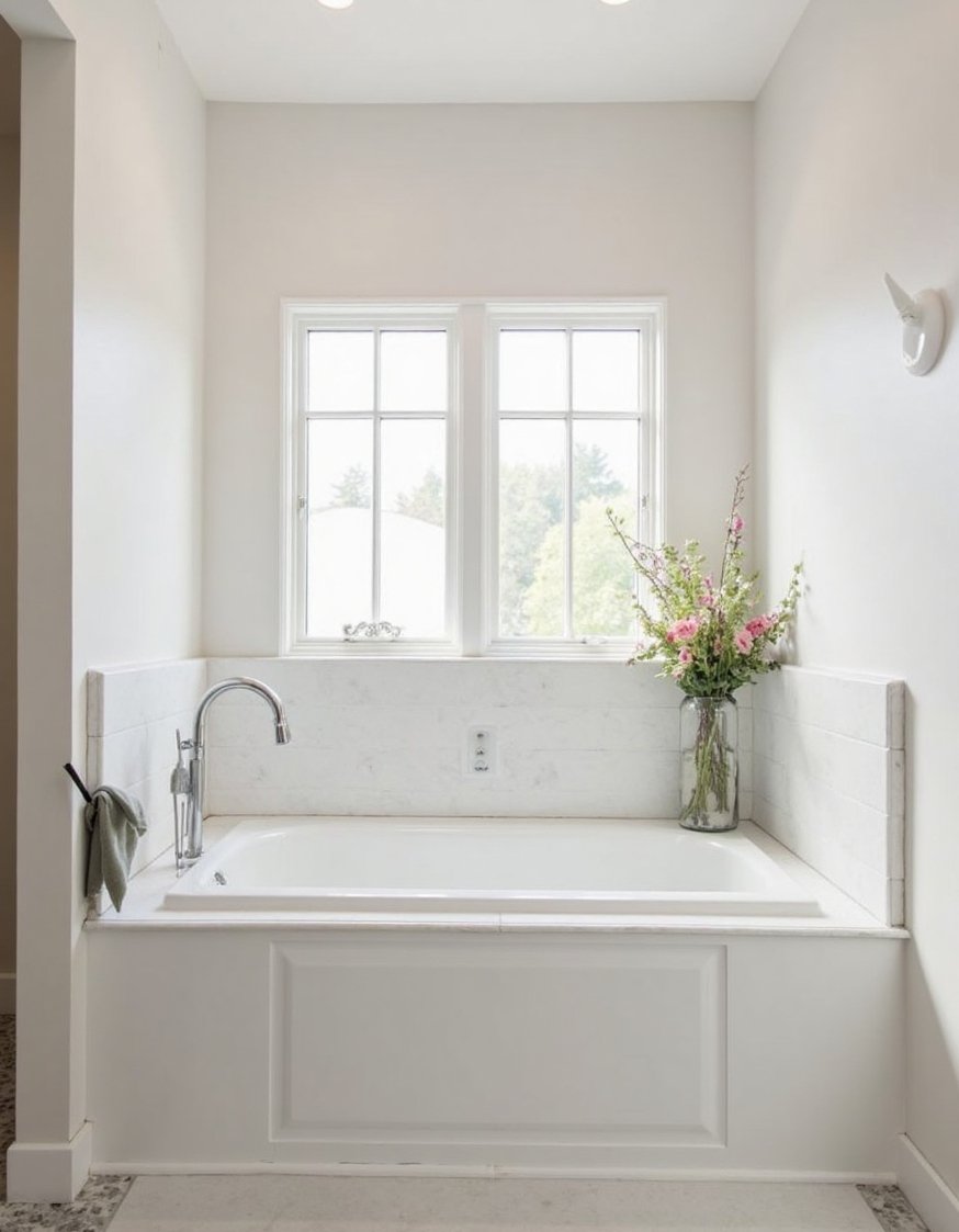 Minimalist bathroom ideas - Space-Saving Minimalist Bathroom with Built-in Tub - Small bathroom? No problem! This modern, neutral bathroom...