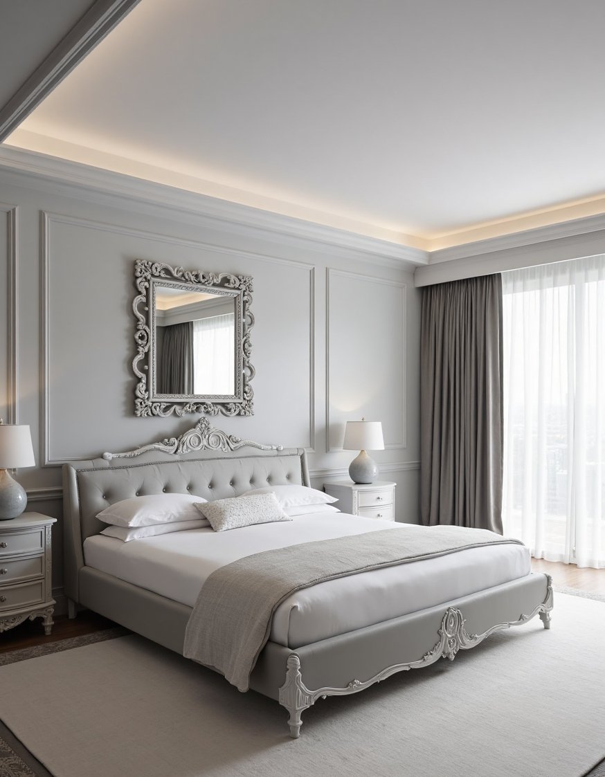Rococo design - Modern Rococo Bedroom: Sleek Minimalism Meets Ornate Detail - This modern Rococo bedroom is a beautiful contrast....
