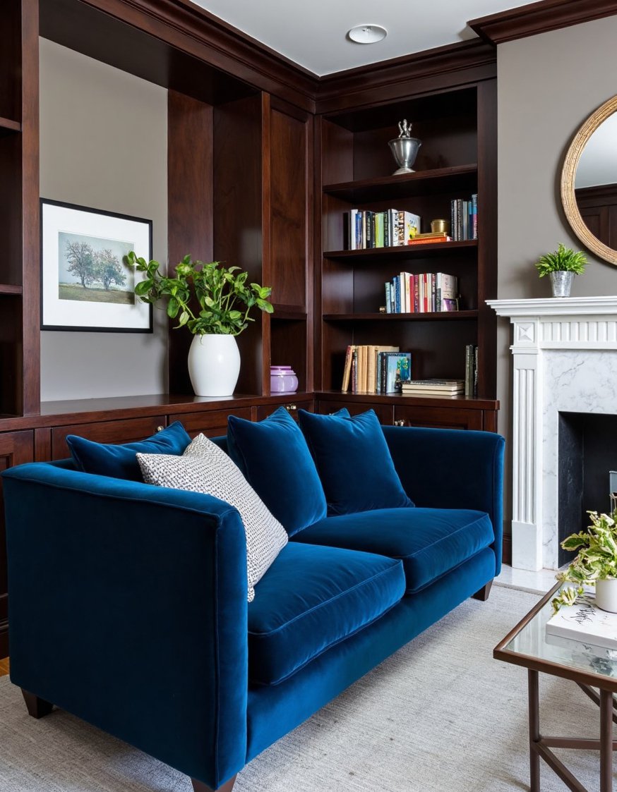 transitional living room ideas - Moody Navy Living Room: Elegant Transitional Design - This moody living room is perfect for those...