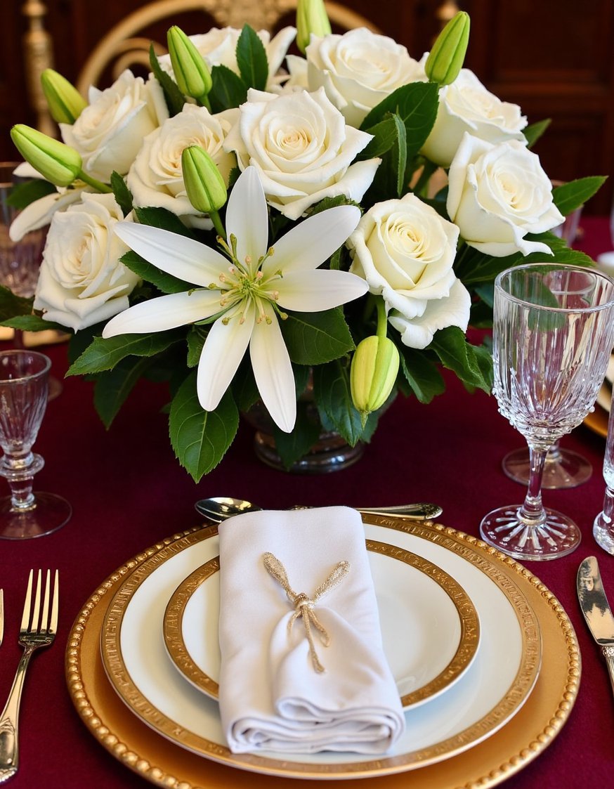 Dinner party tablescape - Elegant Italian Dinner Party Tablescape with Gold Accents - Elegant dinner party tablescape featuring a rich burgundy...