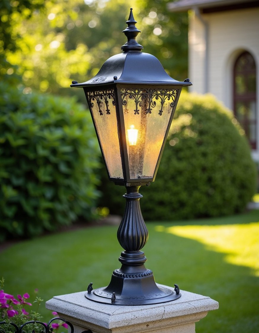 garden decor lights ideas - Elegant Garden Lighting: Ornate Lantern & Stone Pedestal - Elegant backyard lighting! A large metal lantern sits...