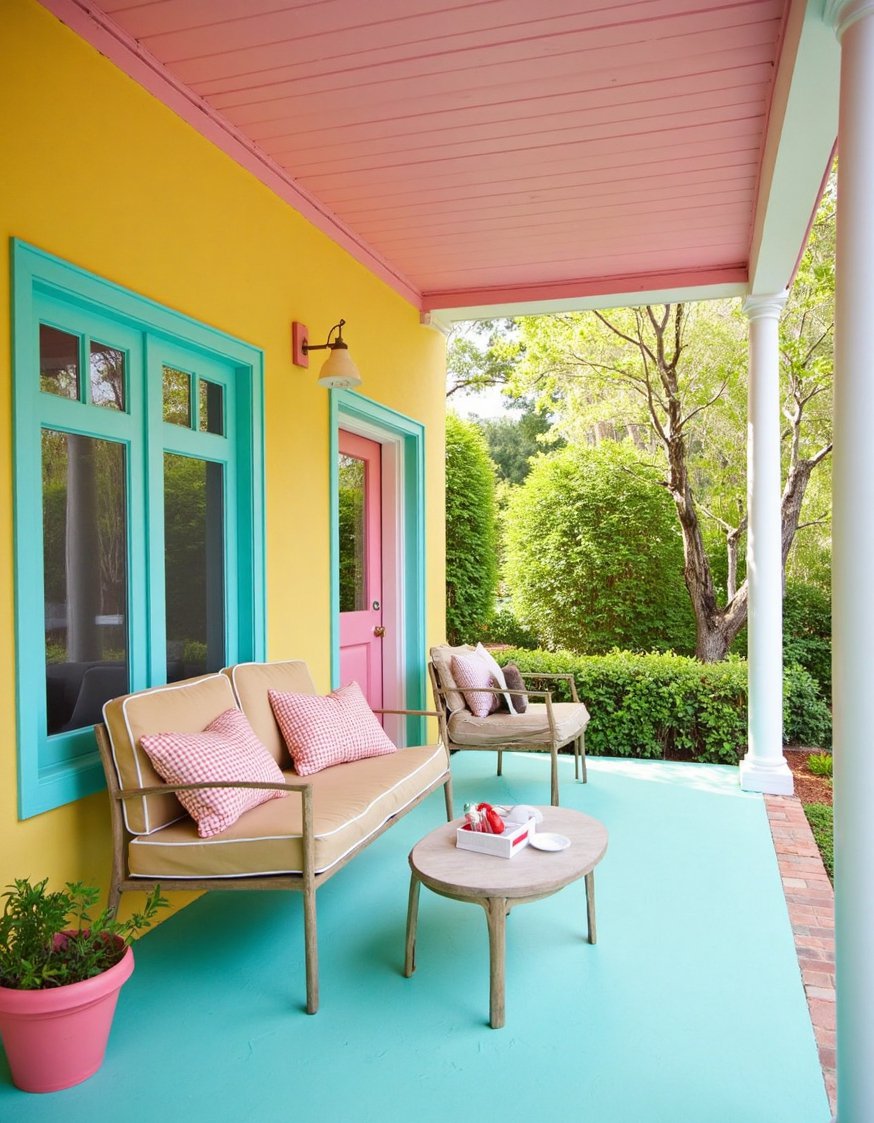 Front porch paint ideas - Pastel Porch Makeover: Retro Painted Front Porch - Pastel porch paint colors create a retro vibe....