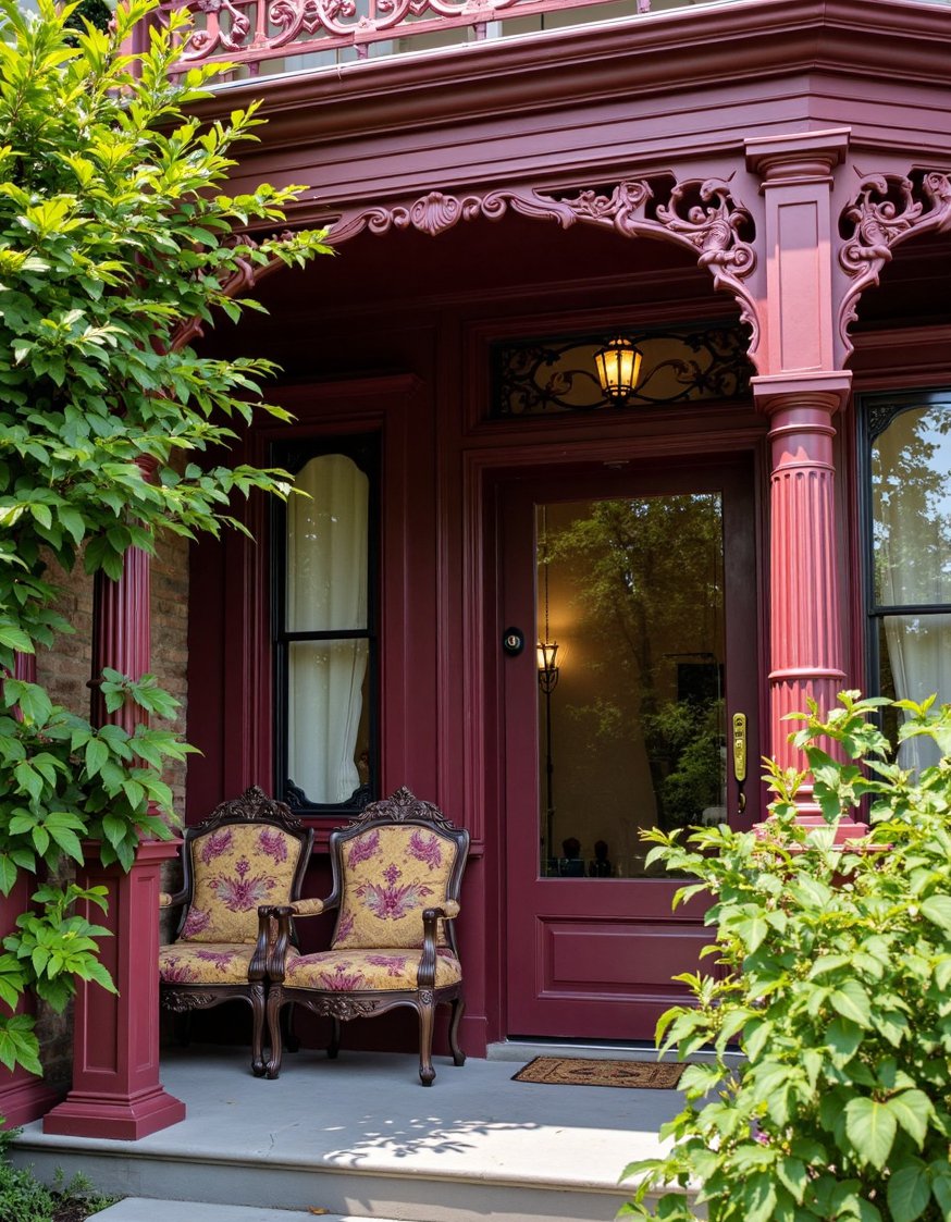 Front porch paint ideas - Victorian Porch Makeover: Rich Burgundy Paint - Burgundy Victorian porch paint. The intricate details are...