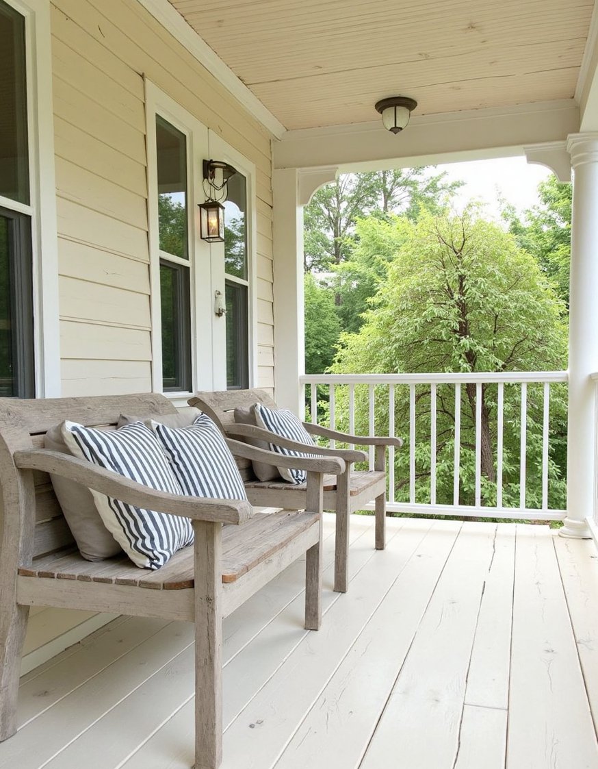 Front porch paint ideas - Creamy Off-White Painted Wood Deck: Farmhouse Style - This creamy off-white painted wood deck is pure...