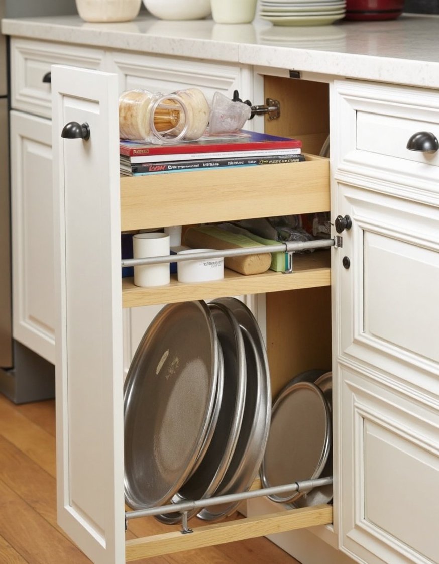 Kitchen cabinet organizers ideas - Maximize Space: Pull-Out Baking Sheet Storage - Maximize your kitchen storage! This photo shows a...