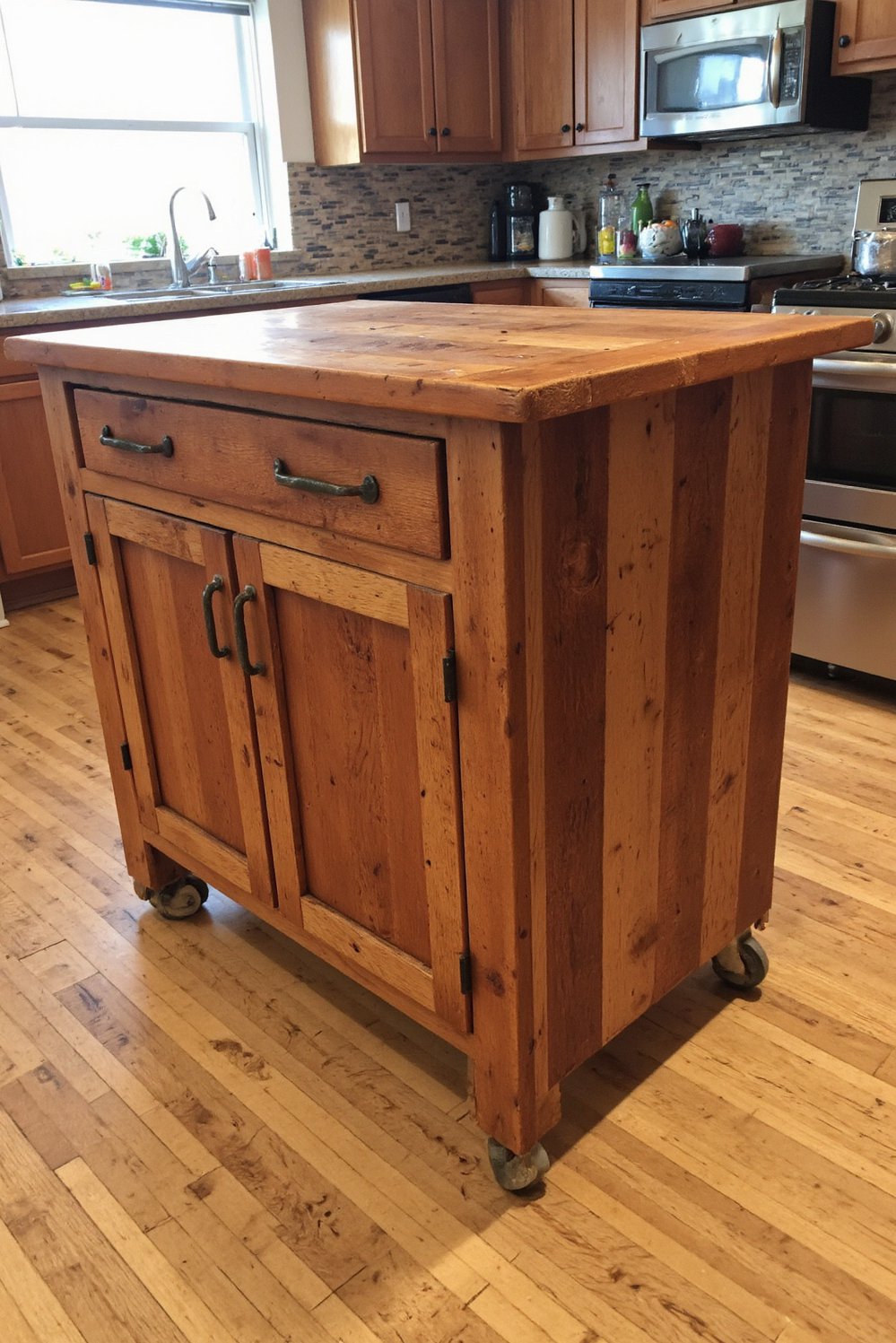 Wood kitchen island ideas - DIY Pallet Wood Portable Kitchen Island - This DIY pallet wood kitchen island is perfect...