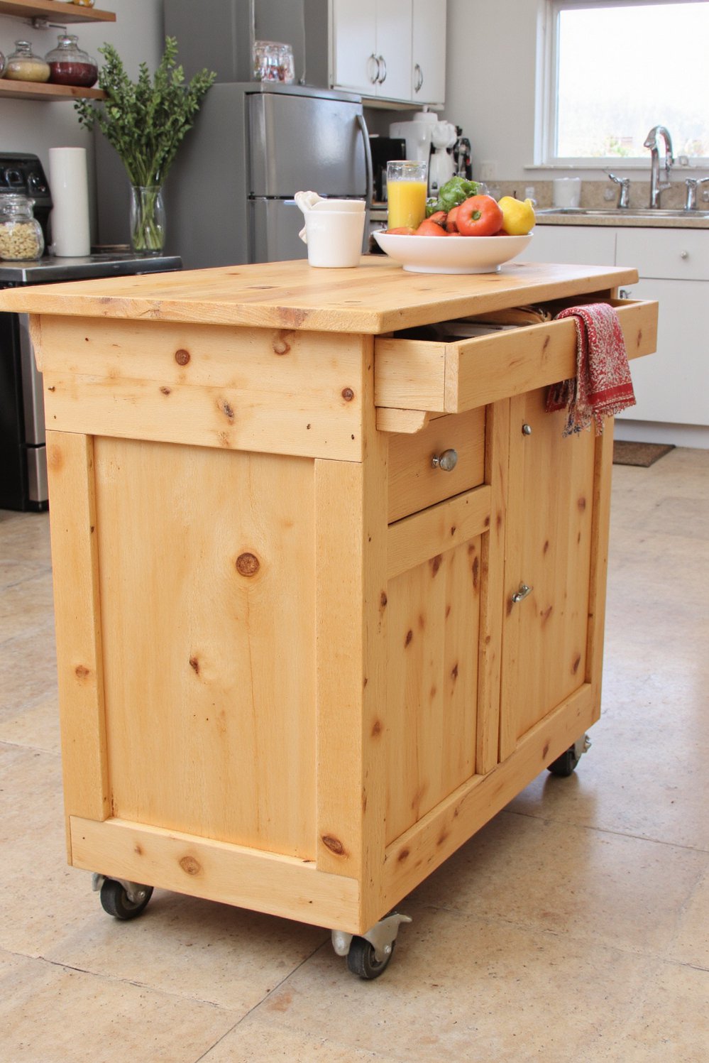 Wood kitchen island ideas - Portable Pine Kitchen Island: Easy Movement on Wheels - This portable kitchen island is perfect for small...