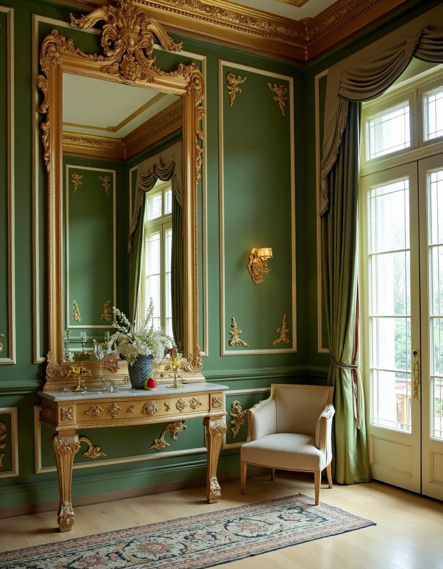 Rococo design - Subtle Rococo Elegance: Greens and Golds Interior - Elegant Rococo interior design. This room shows a...