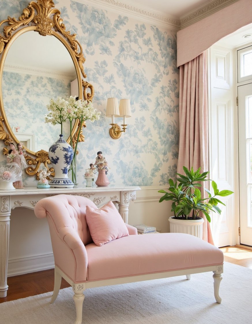 Rococo design - Pastel Rococo Living Room with Ornate Mirror - Step into a pastel Rococo dream. Imagine a...