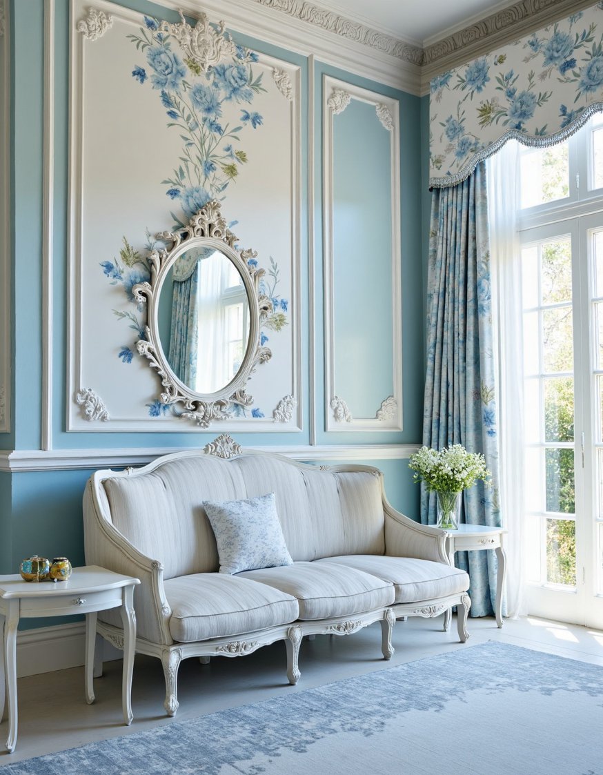 Rococo design - Blue and White Rococo Room Decor - Serene blue and white Rococo room. Soft blue...