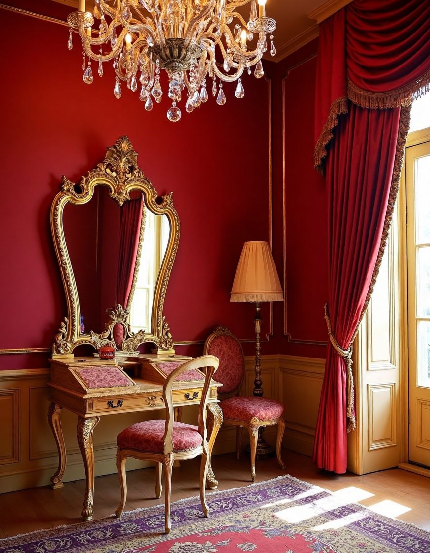 Rococo design - Crimson Rococo Room with Ornate Mirror - Step into a Rococo dream! Imagine deep crimson...