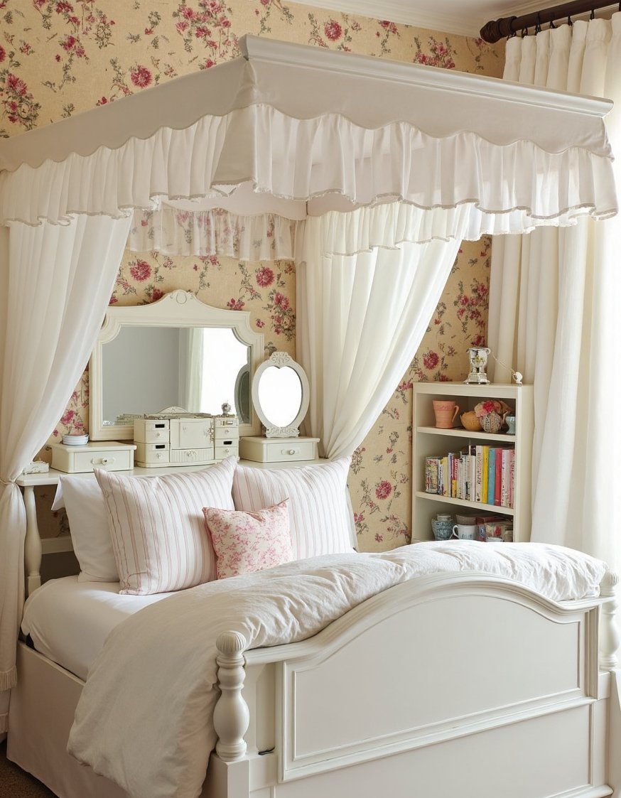 Cutecore room ideas - Floral Room with Ruffled Canopy & Vintage Charm - This cutecore bedroom is dreamy! Floral wallpaper sets...
